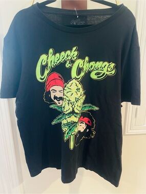 Black Graphic T-Shirt - Neon Green Print Cheech & Chong
